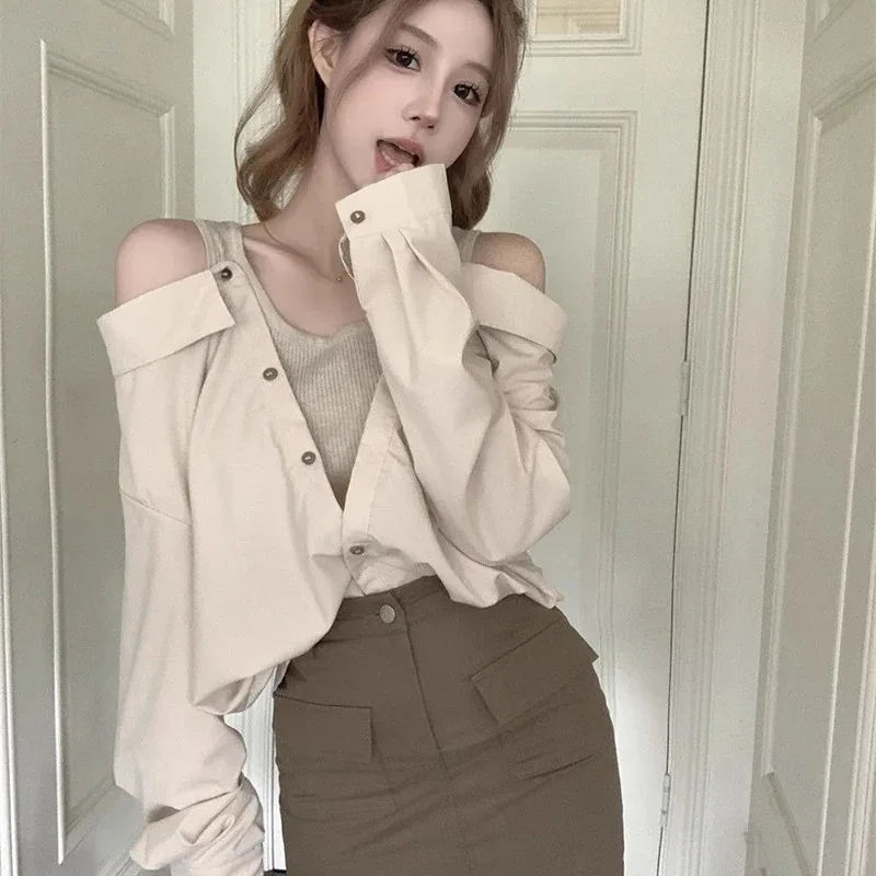 GIDYQ Sexy Off Shoulder Two Piece Set Blouse Women Elegant Fashion Crop Long Sleeved Shirt Korean Loose Patchwork Vest Tops New