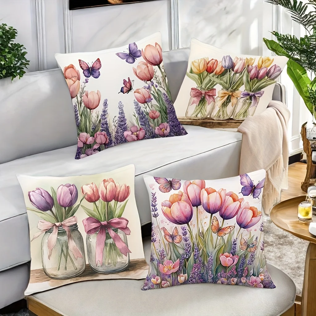 Tulip and Butterfly Design digital printing pillow cover Short plush Suitable living rooms bedrooms sofas throw cushion cover