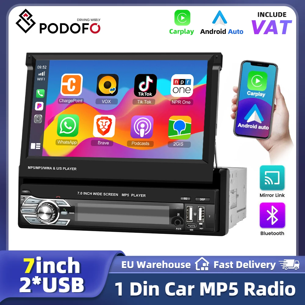 Radio para coche Podofo Universal con pantalla retráctil HD de 7 pulgadas, compatible con TF/USB/Tipo C, Bluetooth, receptor de radio FM para VW, Audi, BMW