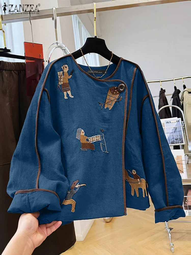 ZANZEA 女性ラップシャツカジュアル O ネック長袖漫画印刷コントラストパイピングカーディガントップス秋の女性の服 S-3XL