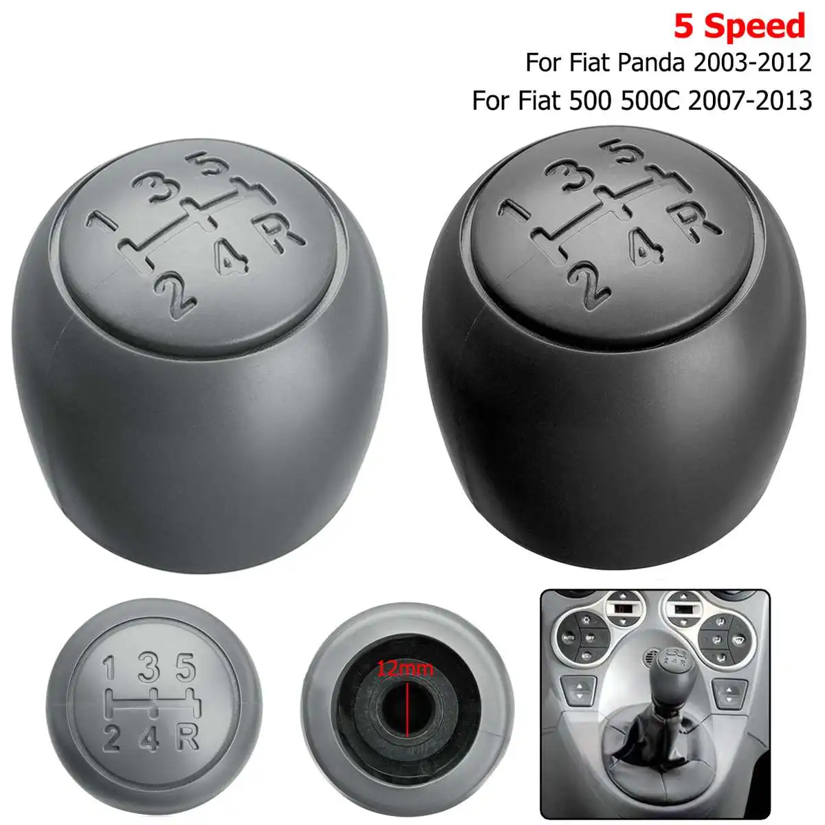 1X 5-Speed Gear Shift Knob For Fiat 500 500c 2007-2013 /Panda 2003-2012 Gear Head Shifter Hand Ball 2011 2010 2009 2008 2007