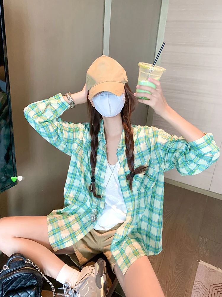 

Loose Women's een Plaid Long Sve irt Jaet Autumn Lazy Sle Top Open Cardigan Casual Fem Outerwear Collar