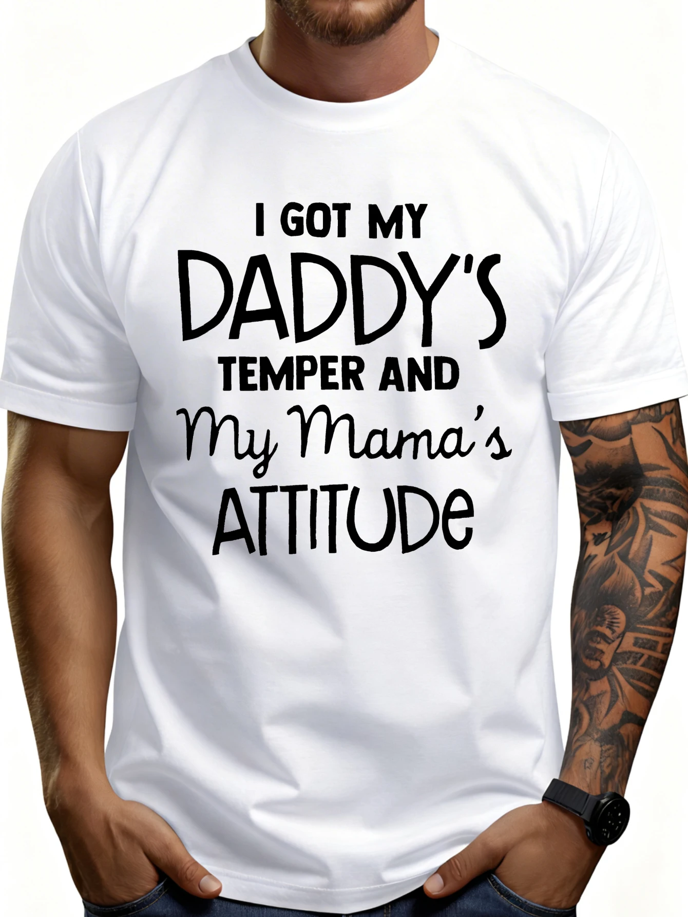 Men's Plain Graphic T-Shirt - Breathable, Soft, and Lightweight - I Have My Dad's Temperament and My Mom's Attitude - Retro Fun Graphic Casual Short-Sleeve Summer Top, Gift for Him