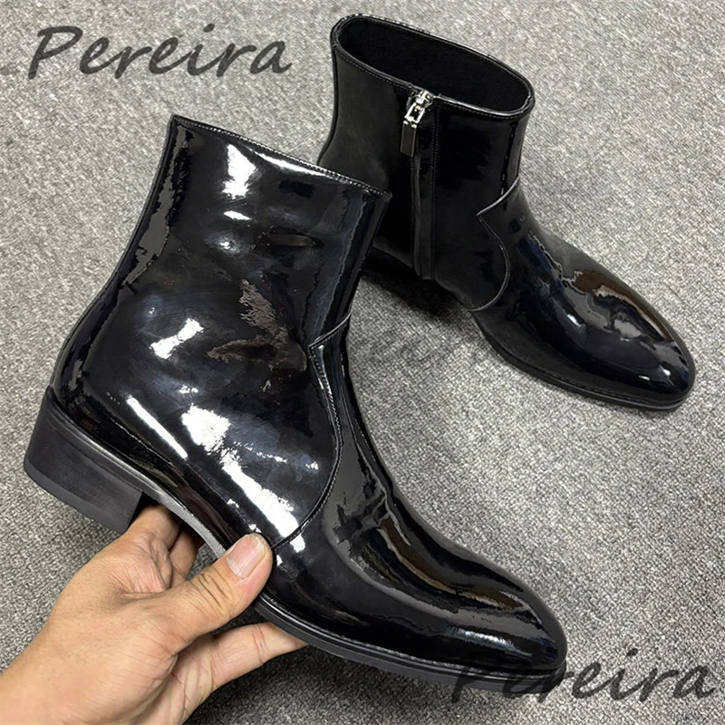 Black Patent Leather Chelsea Boots British Style Pointed Toe Side Zipper Ankle Boots Trendy Versatile Handmade Men's Dress Shoes