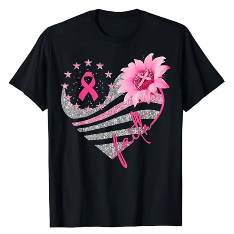 

Sunflower Pink Ribbon Faith Breast Cancer Awareness Womens T-Shirt Funny Breast Cancer Survivors, Fighters Support Tee Tops Gift