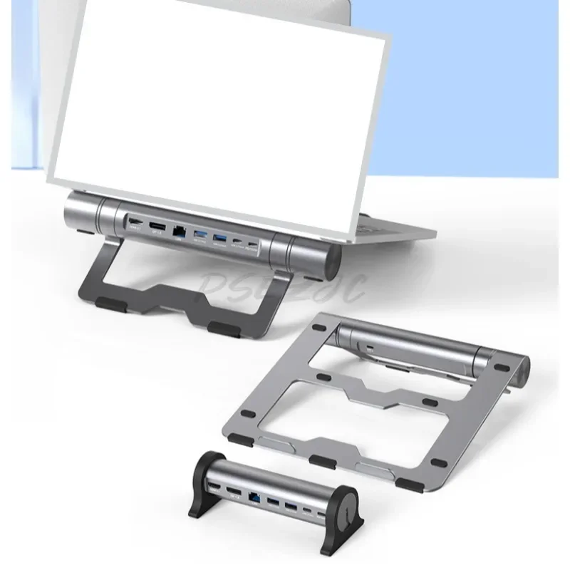 Aluminum Alloy Type C Docking Station 7 in 1 HUB USB3.1 10Gbps Data Transfer HDMI4K Ethernet PD100W Laptop Stand Holder