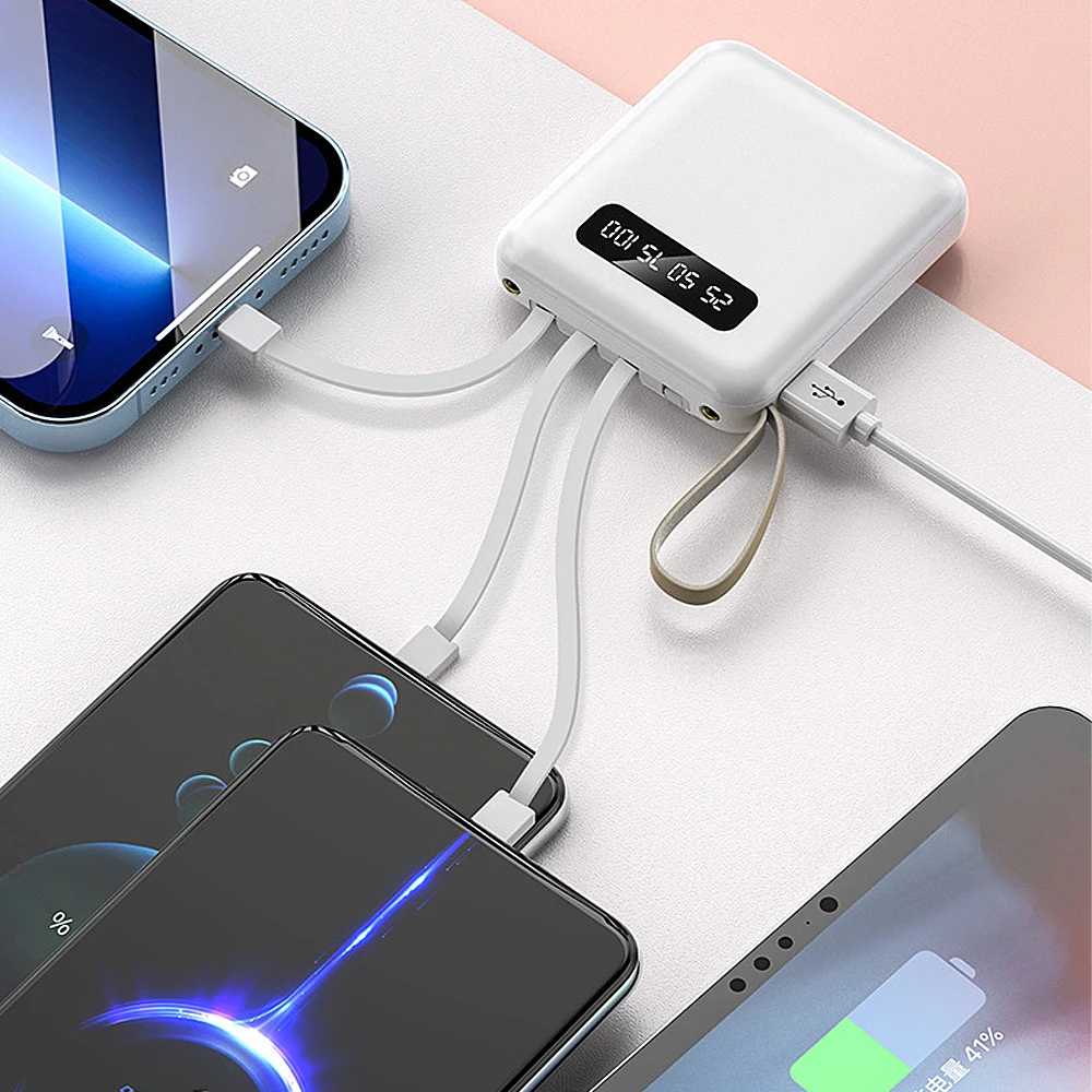 Portable Power Station 10000mah Mini Power Bank Large Capacity with Built-in Cable Charger Digital Display Mobile Power Supply