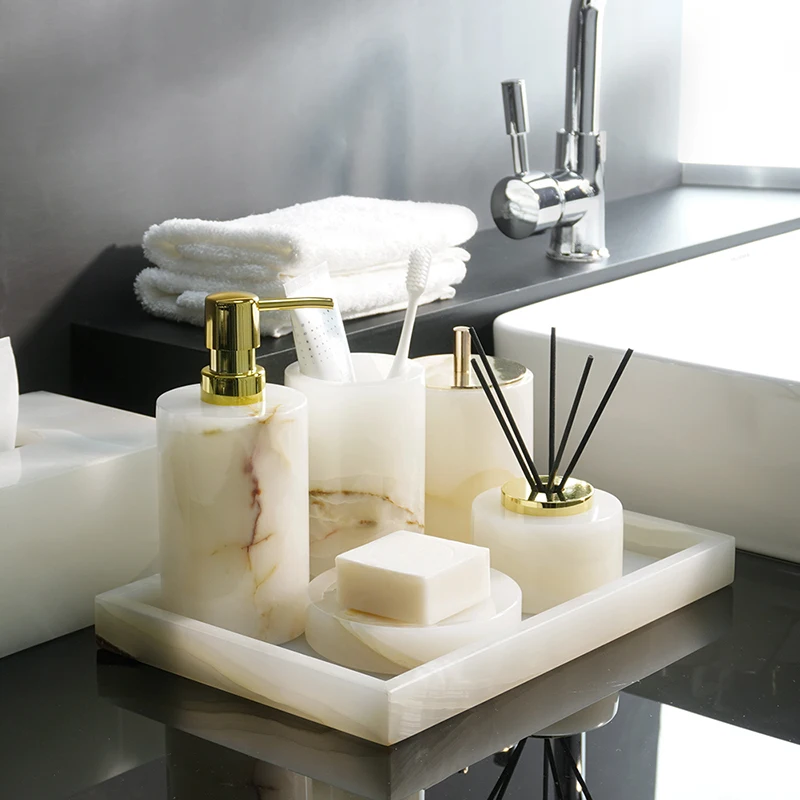 White Onyx Natural Marble Bathroom Set Luxury Soap Dispenser Aromatherapy Bottle Soap Dish Tissue Box Bathroom Accessories