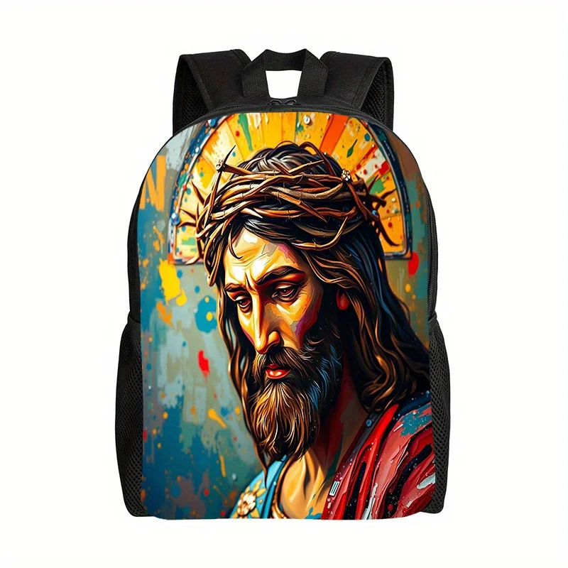 1pc Large Jesus Christ Backpack Religious Icon Print School Bag for Men Women Casual Church Use Durable Fabric, 2D Flat