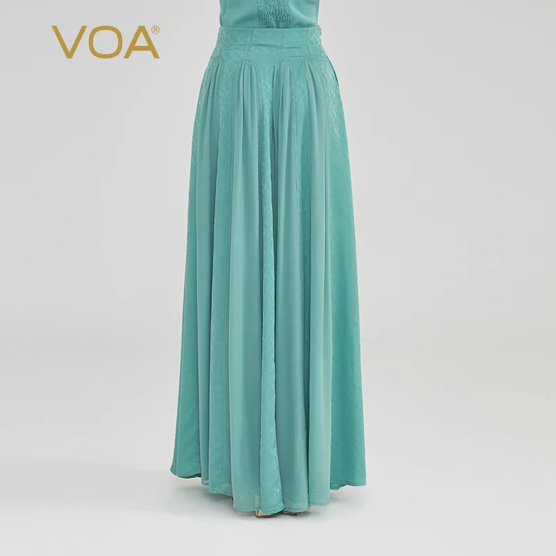 VOA Silk Jacquard 22 Momme Coconut Blue Multi Waist Arch Needle Craft Open Thread Decorative Side Pocket Half Skirt CE212