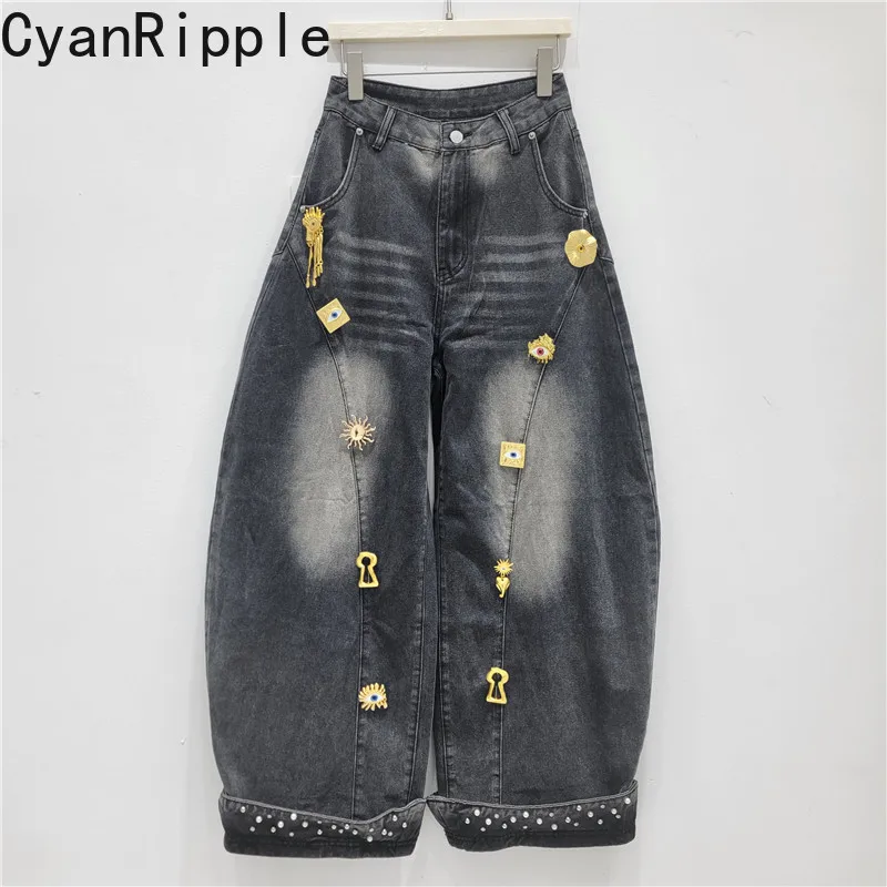 Trendy New Spring Autumn Casual Women Harem Pants All-match High Waist Metal Buckle Decoration Wide Leg Splicing Curved Jeans