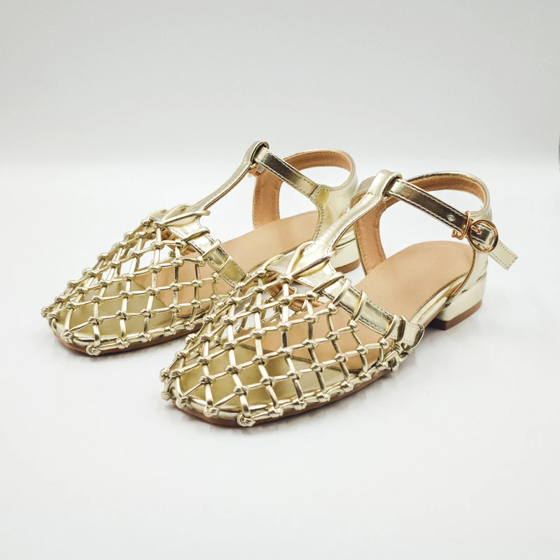 CHABELLA Retro Gold Hollow Out Mesh Silver Bag Head  Women's  Sandals 2024 New Buckle with Low Heel Ballet Flats Roman Shoe