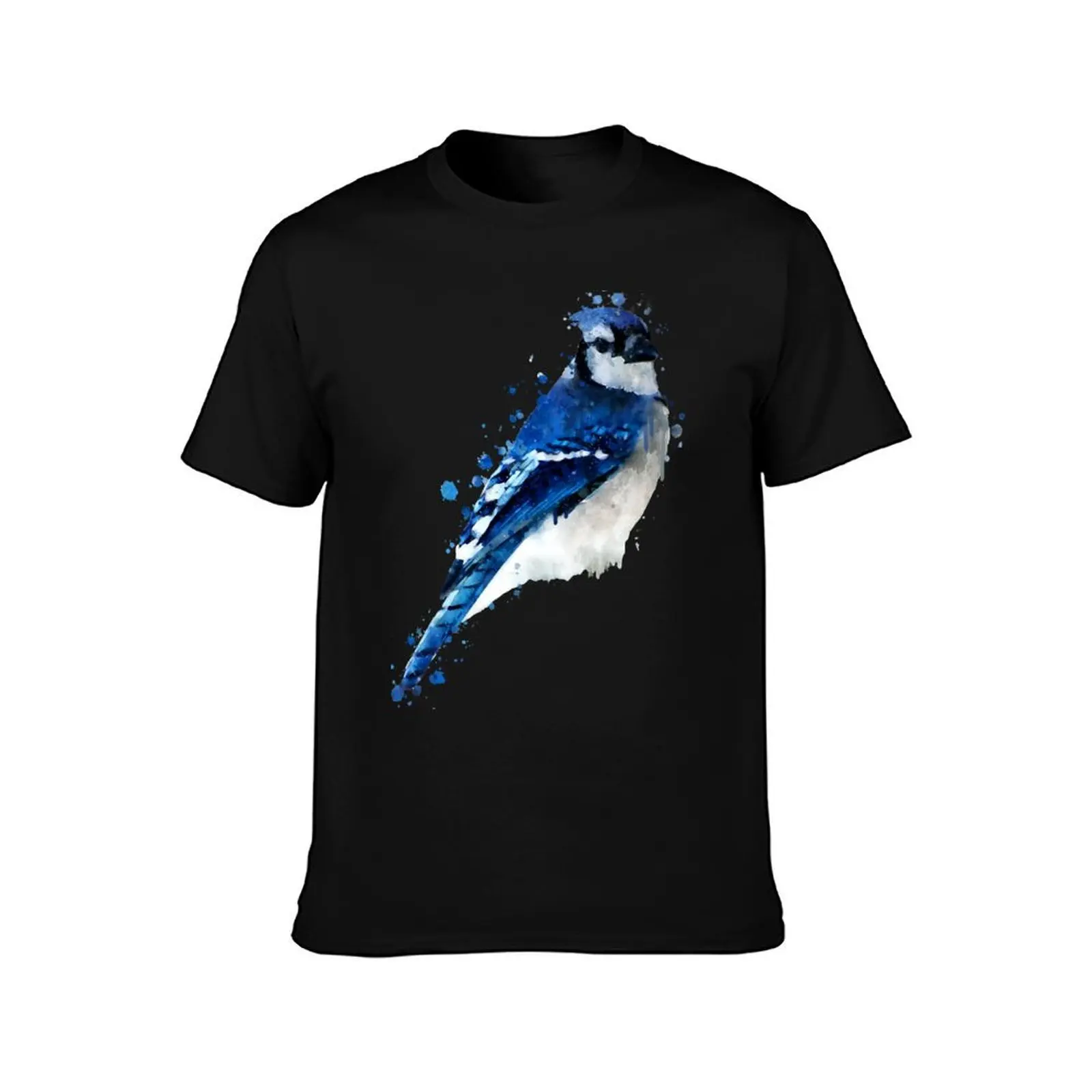 Dramabite Watercolor blue jay bird T-Shirt, Summer Casual Cotton Tee, Oversized Streetwear Tops, Vintage Graphic Print