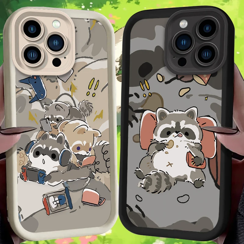 Cartoon Little Raccoon Case For iPhone 16 15 14 13 12 11 Pro Max X XS X S Max XR SE 2020 7 8 Plus Shockproof Silicone Back Cover