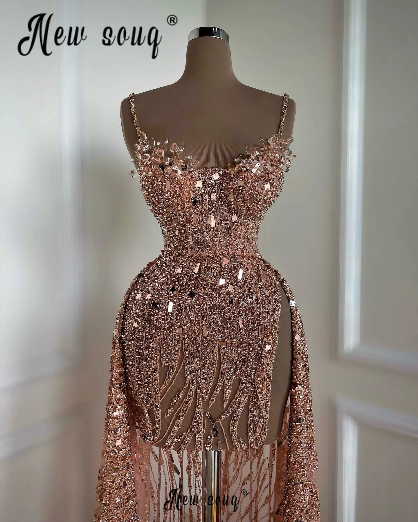 Dusty Pink Spaghetti Straps Cocktail Dress With Overskirt Heavy Beaded Crystals Prom Dresses Pageant Birthday Night Party Gowns