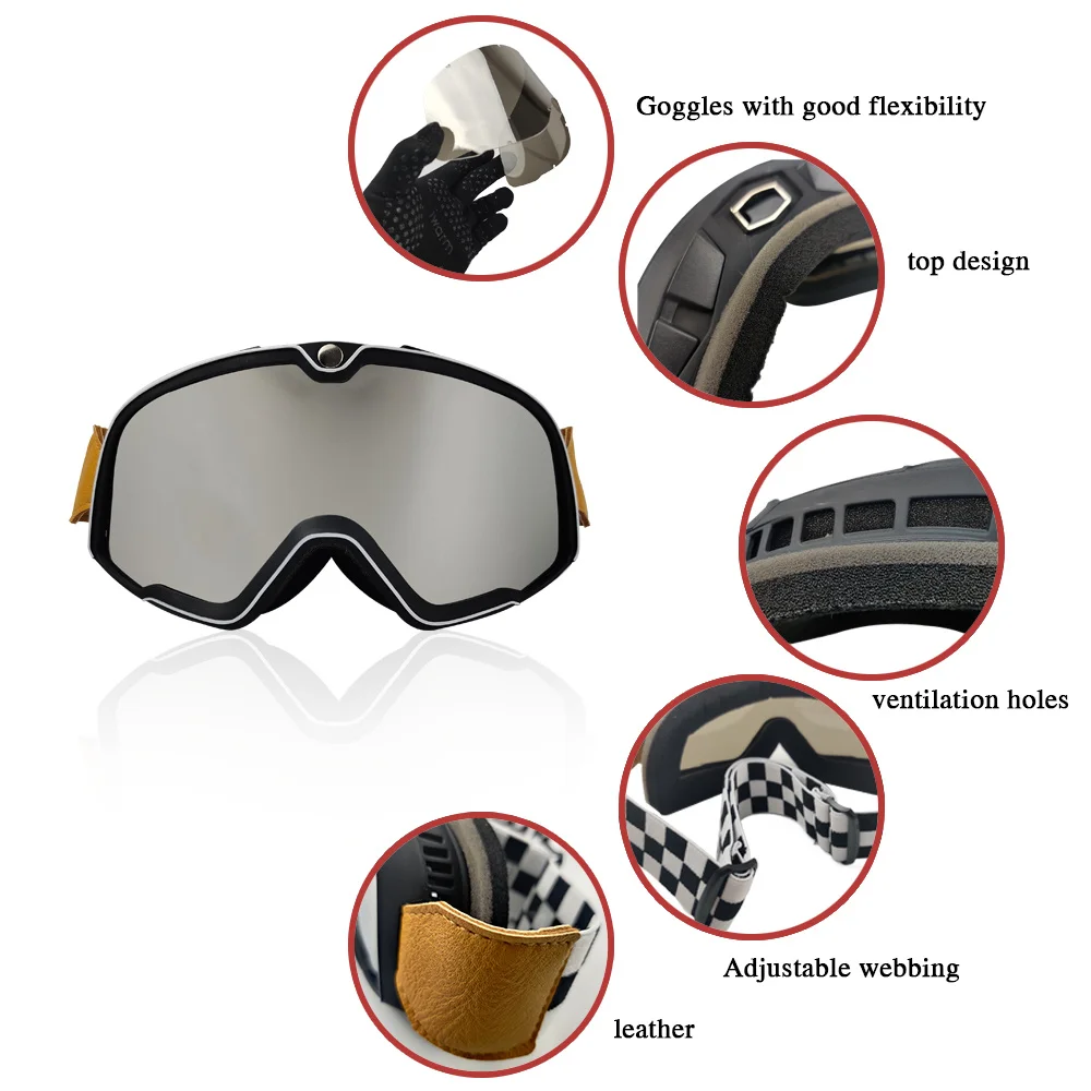 Motorbril Retro Motorcross Zonnebril Atv Ski Bril Bril Antislip Riem Anti-uv Cafe Racer Chopper Wielersport