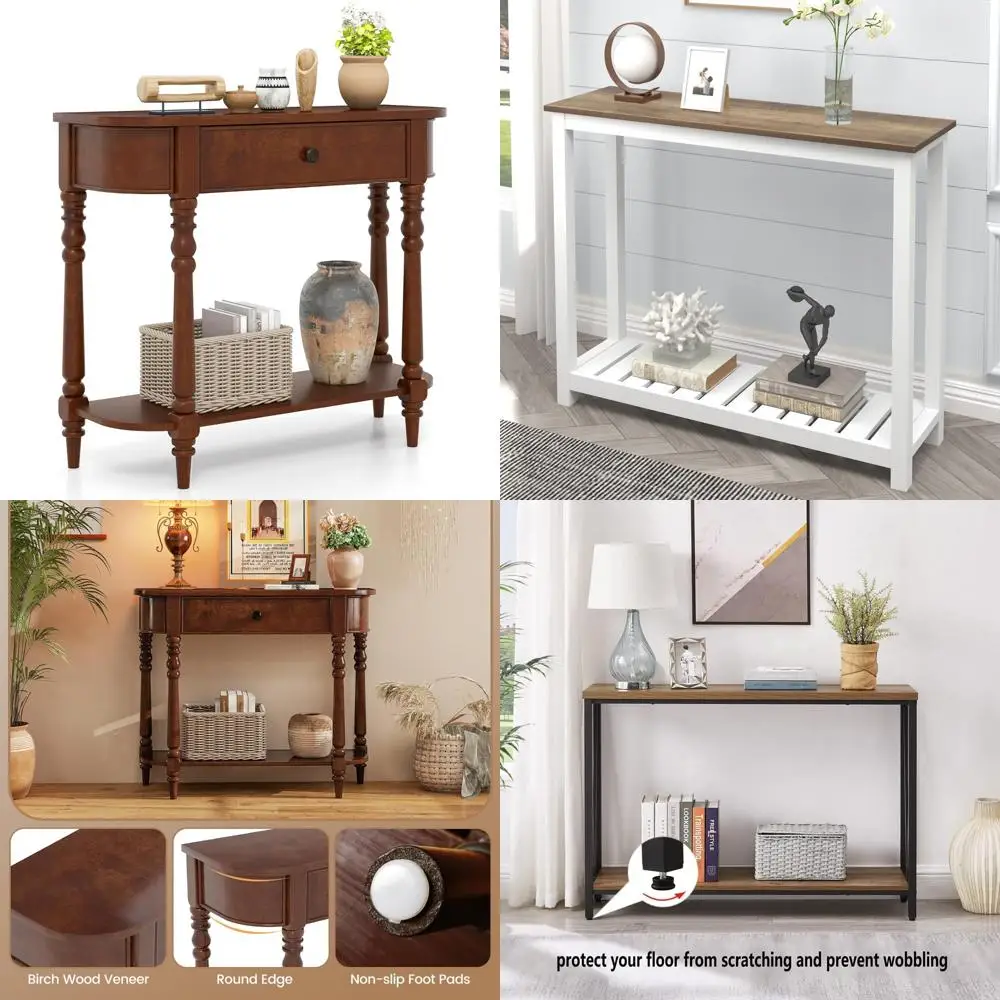 Mesa de entrada retro de 2 niveles con cajón de almacenamiento, 36 mesas de sofá de madera estrechas con patas elegantes y estante abierto para un elegante L