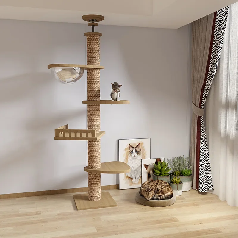 

Cat Tree From Floor To Ceiling Wooden Cat Tower Condo And Sisal Rope Cat Scratching Posts Pet Cats House Kitten Toy Cosy Hammock