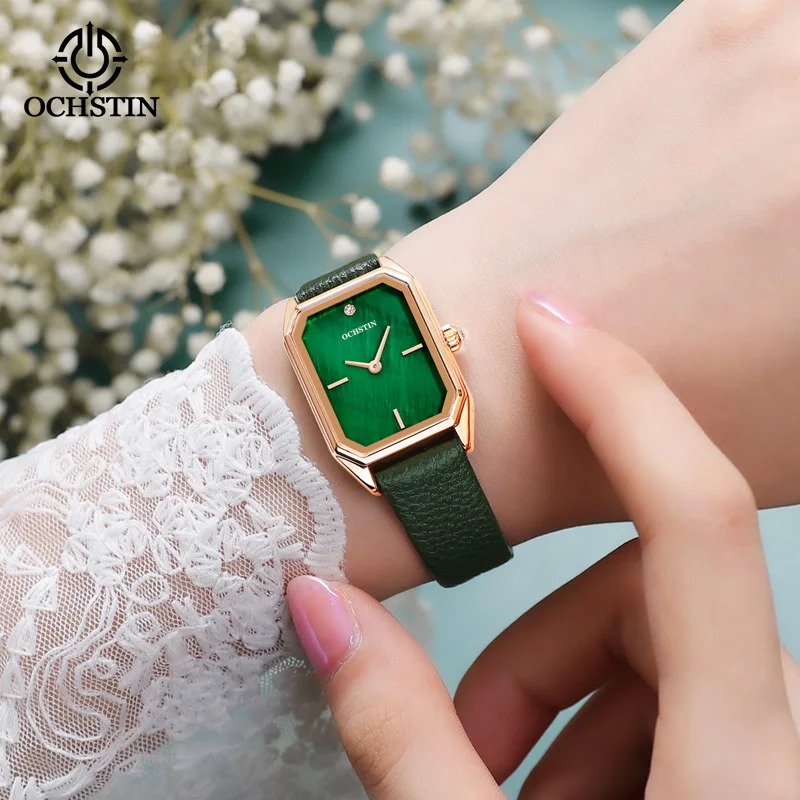 OCHSTIN New Fashion Rectangular Case Rose Green Watches Women Luxury Charming Rhinestone Dial Clock Ladies Leather Wristwatches