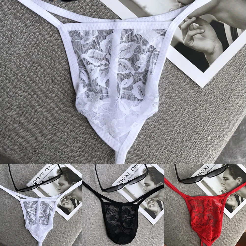 Male Lace Lingerie Tanga Sexy Mens Sissy Pouch T-Back Thong Adjustable Low Rise G-string Femboy See Through Sheath Panties