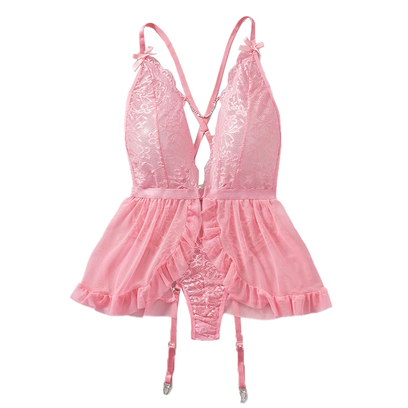

Прозрачное розовое кружевное боди с глубоким V-образным вырезом, открытой грудью и подвязками, комплект пижамы-бэбидолл, женский корсет, сексуальное нижнее белье, экзотическая одежда