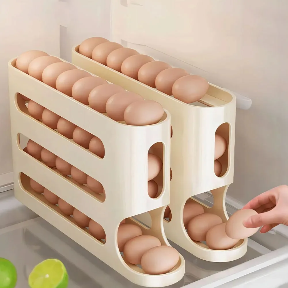 

Egg Storage Box 4 Layers Automatic Rolling Egg Holder Rack Refrigerator Side Door Storage Box Egg Dispenser Fridge Organizer