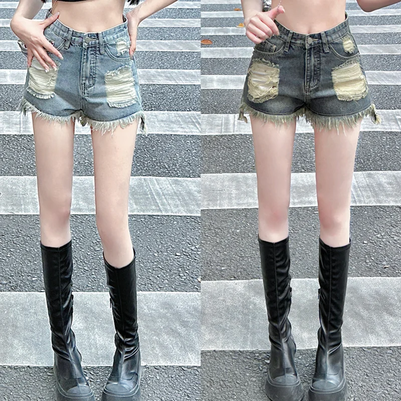 Vintage Distressed Ragged Denim Shorts 2023 Spring and Summer Women's Clothing High Waist Loose Straight Leg Irregular Hot Pants