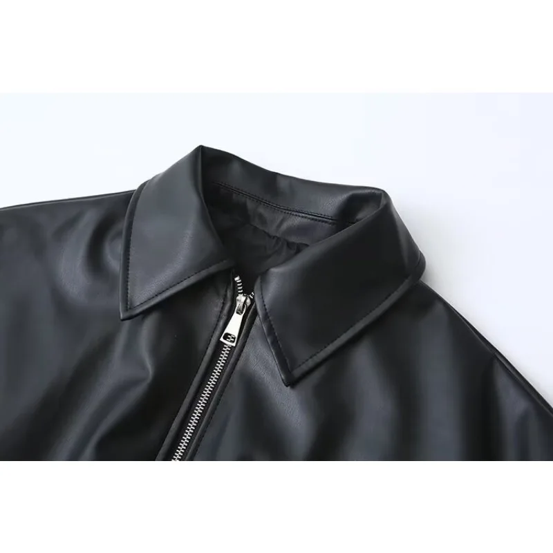 Women's Autumn Winter PU Leather Jacket Black New Fashion Turn-down Collar Slanted Pockets Leather Jacket Coat Comfortable Warm