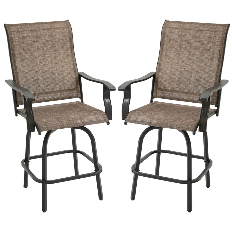 

Set of 2 Outdoor Swivel Bar Stools with Armrests Bar Height Patio Chairs with Steel Frame for Balcony Poolside Backyard Brown