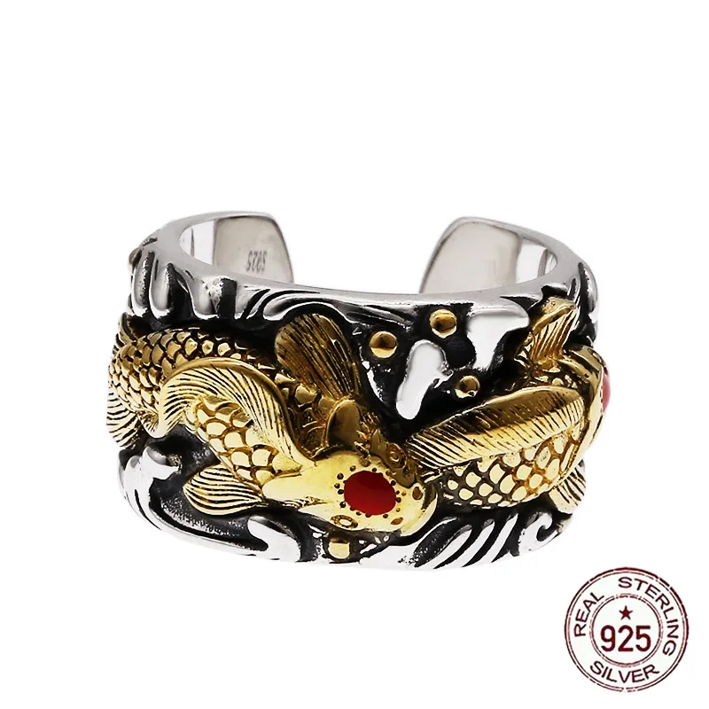 

S925 sterling silver ring, punk style, retro lucky fish, koi, wide face jewelry, trendy, domineering, retro personality