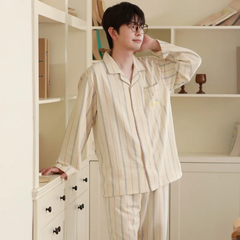 

Autumn and winter men's pure cotton velvet lapel pajamas with simple stripes, loose and casual cotton home suit set
