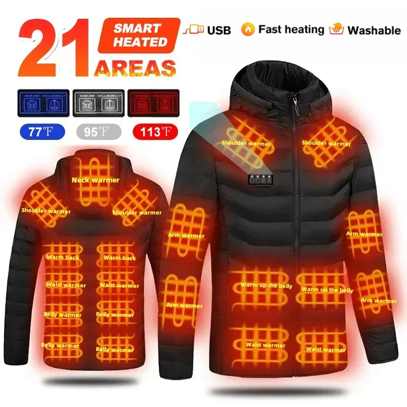 2024 NEW Men Heated Jackets Outdoor Coat USB Electric Battery Long Sleeves Heating Hooded Jackets Warm Winter Thermal Clothing