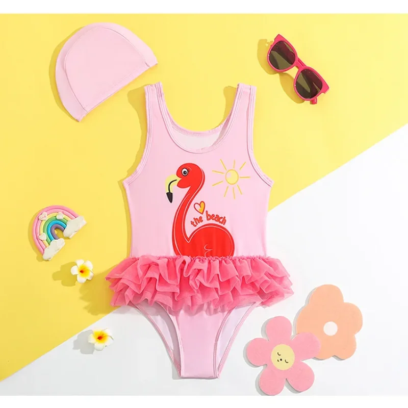 

Flamingo One-piece Swimsuit for Kids Girl Swimsuits Summer Layered Ruffled Sleeveless Jumpsuit Swimwear Beachwear Bathing Suits