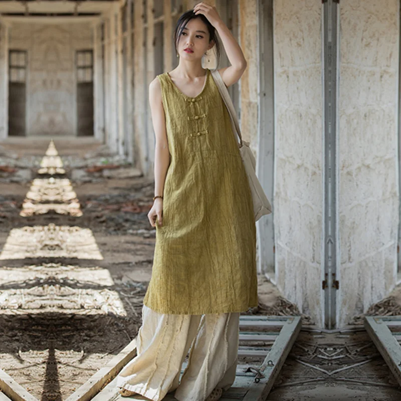 

Sleeveless Dress Long-Length Literature and Art Retro Spring Summer Cotton and Linen Loose Thin National Style