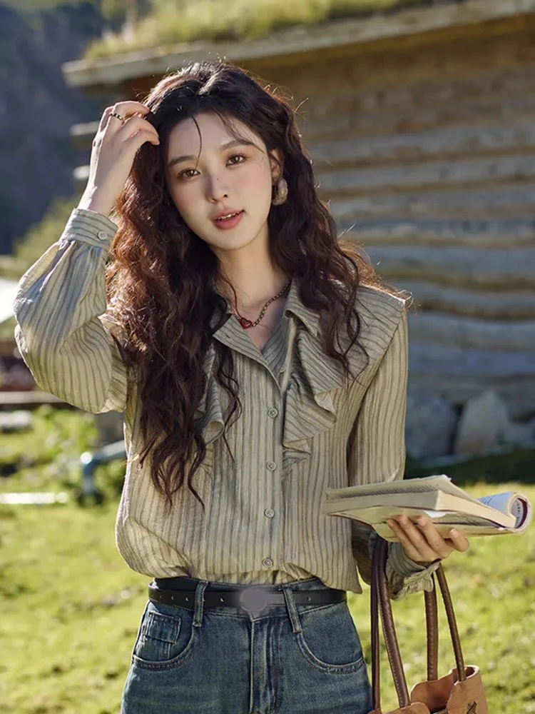 

Retro Striped Long Sleeve Shirt Women Autumn New Streetwear Casual Ruffles Blouse Japanese Loose Vintage Female Tops