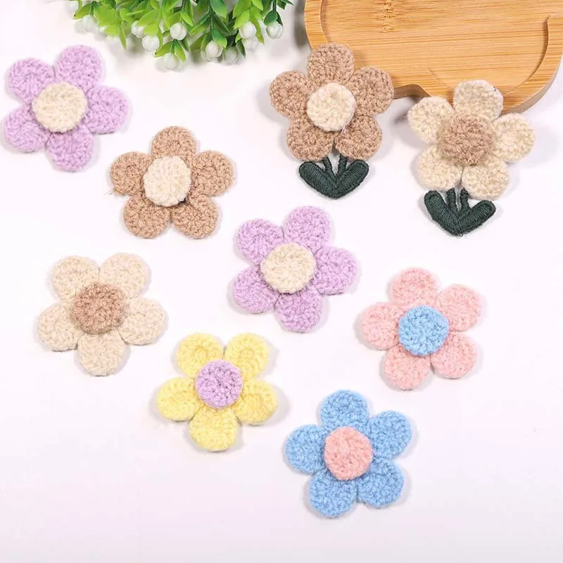 Patch de fleurs en laine de cuir chevelu 3D, 5 pétales, bricolage, trou de couture, fleur de dessin animé, autocollants de gril, nouveau, 10 pièces