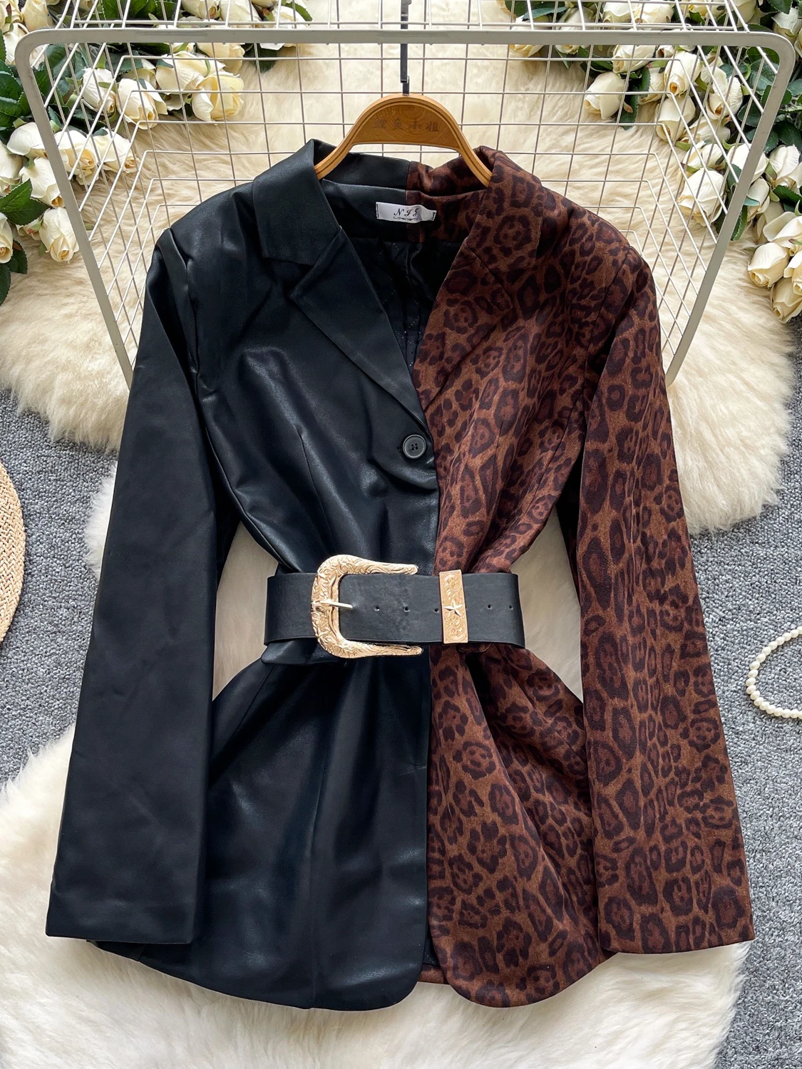 Women's Black Gothic Patchwork Leopard Blazer Jacket Y2k Harajuku 2000s Vintage Long Sleeve Single Breasted Suit Coat Outerwear