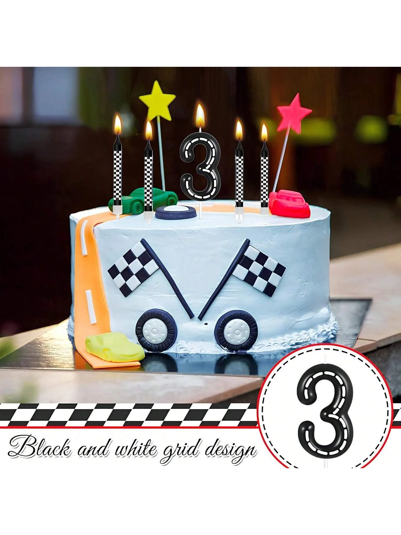 7Pcs Racing Cars Themed Birthday Candles Black and White Checkered Candle 1 to 9 Number Candle Truck Candle Cake Topper for Raci