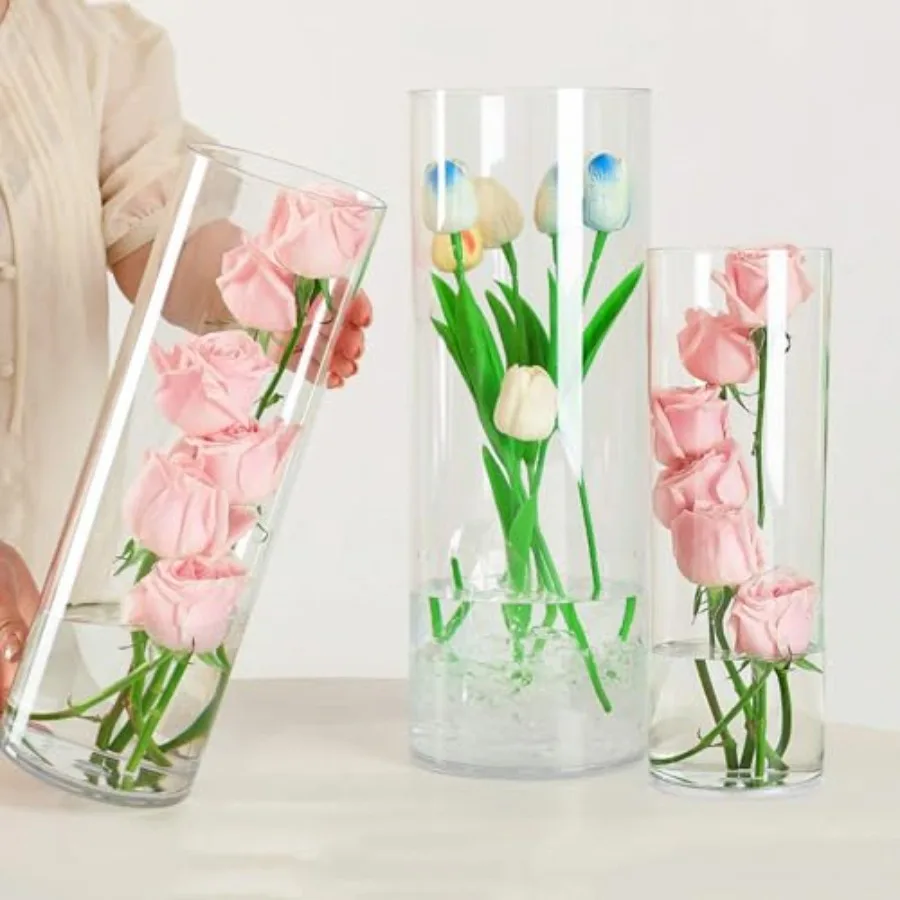 

Acrylic Cylinder Clear Vases, Tall Large Plastic Flower Vase for Bouquet, Unbreakable Hurricane Vases Set of 3 for Centerpieces