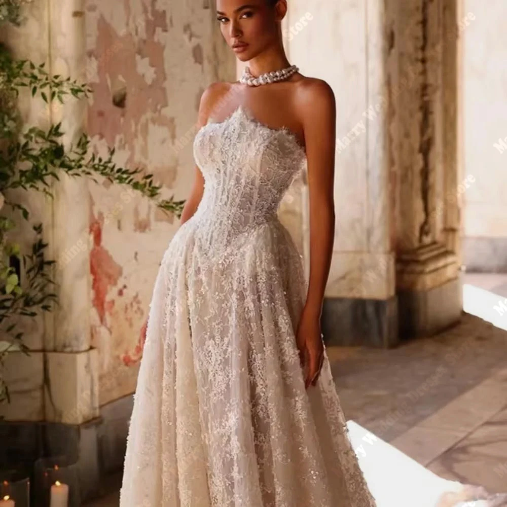 2026 Abiti da sposa eleganti in tulle a-line di lusso sexy senza maniche in pizzo con decalcomania abiti da sposa principessa Vestido De Noiva personalizzato
