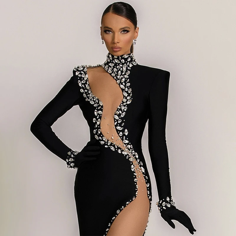 2024 New Spring Women Long Sleeve High Split Crystal Bodycon Long Bandage Dress Celebrate Evening Party Dress Vestido