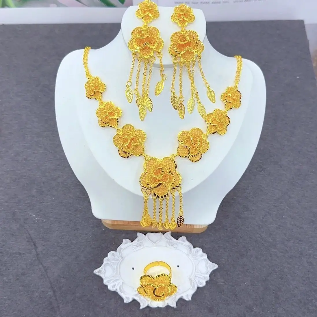 Popodion  Dubai 24K Gold Plated Flower Shaped Earrings Necklace Women\'s Ring Wedding Jewelry Three Piece Set  YY10359
