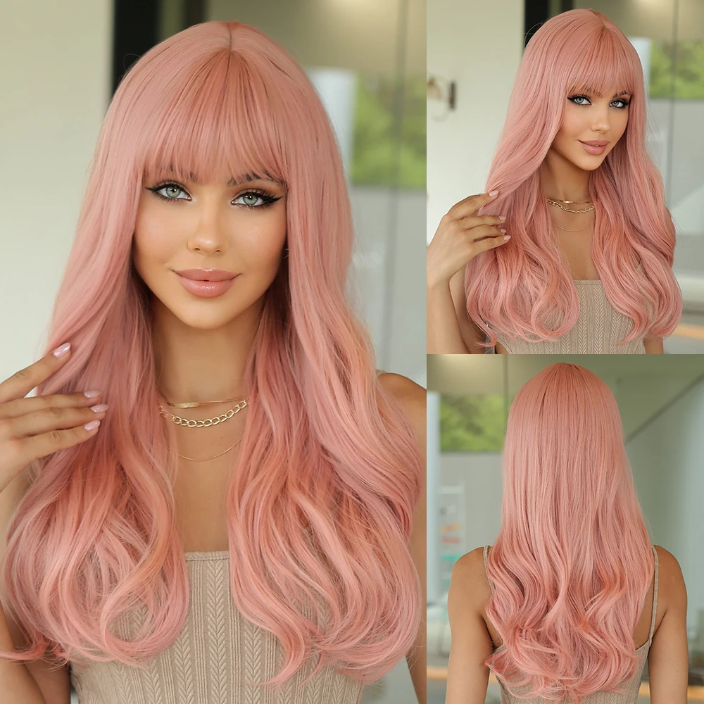 Craftourist Pink Wigs with Bangs Long Wavy Synthetic Wig for Women Cute Cosplay Daily Fake Hair Heat Resistant Fibe