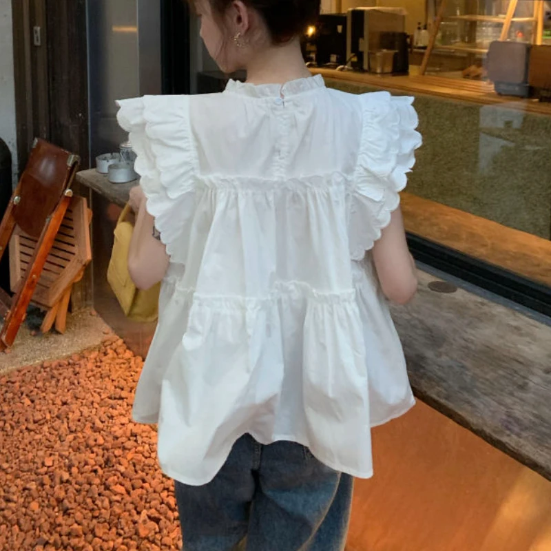 Flying Sleeve Blouses Women Ruffles Aesthetic Summer Simple Kawaii Temper Girl Streetwear Clothing Tender Casual Daily Basics