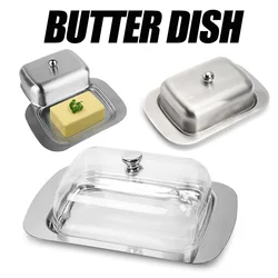 Plato para mantequilla, plato para mantequilla de acero inoxidable con tapa, recipiente para queso sólido/mezcla, caja de almacenamiento para cocinar mantequilla y queso
