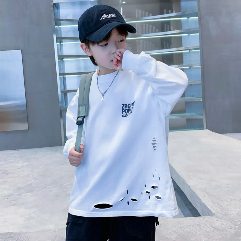 Spring Autumn Boys Fashion Broken Hole Tshirts Letter Printing Long Sleeve Tops Kids Black White Destroy Ripped Big Size Clothes