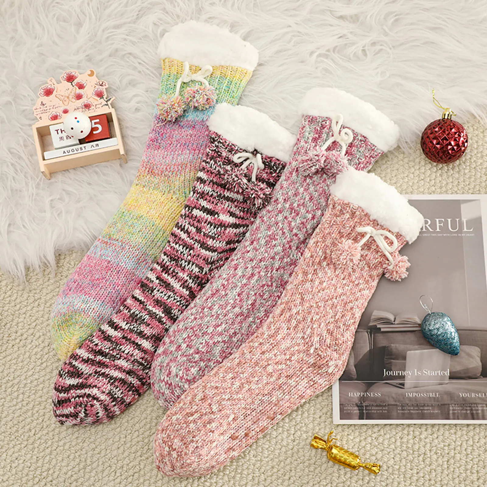 

Women Cozy Thicken Socks Colorful Color Blocking Plush Warming Socks Female Winter Daily Soft Comfort Sleeping Slipper Socks