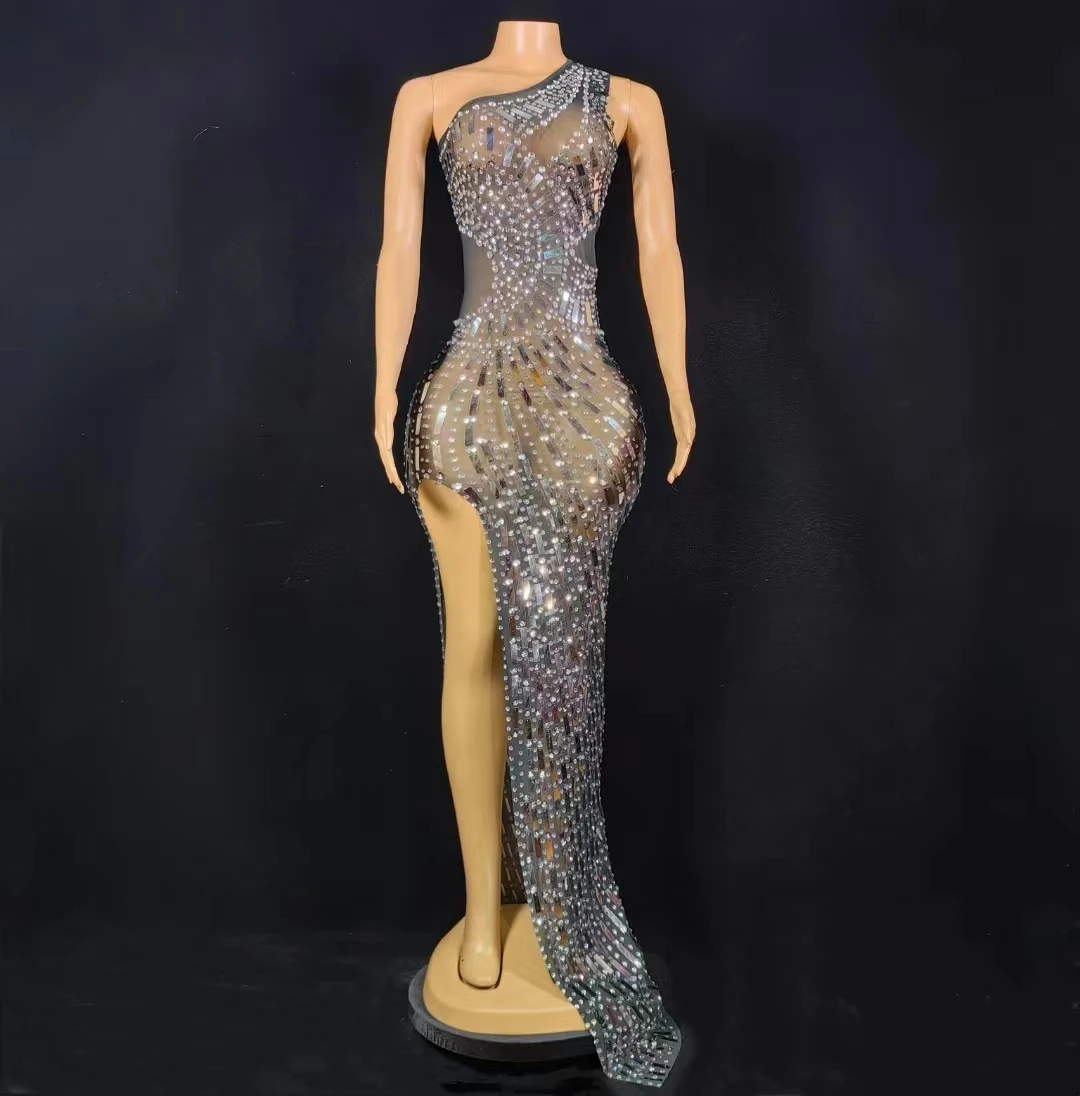 

Women's One Shoulder Crystal Sequins Tail Cheongsam Party Banquet Dress Wear Nightclub Female Singer Stage Show Outfits