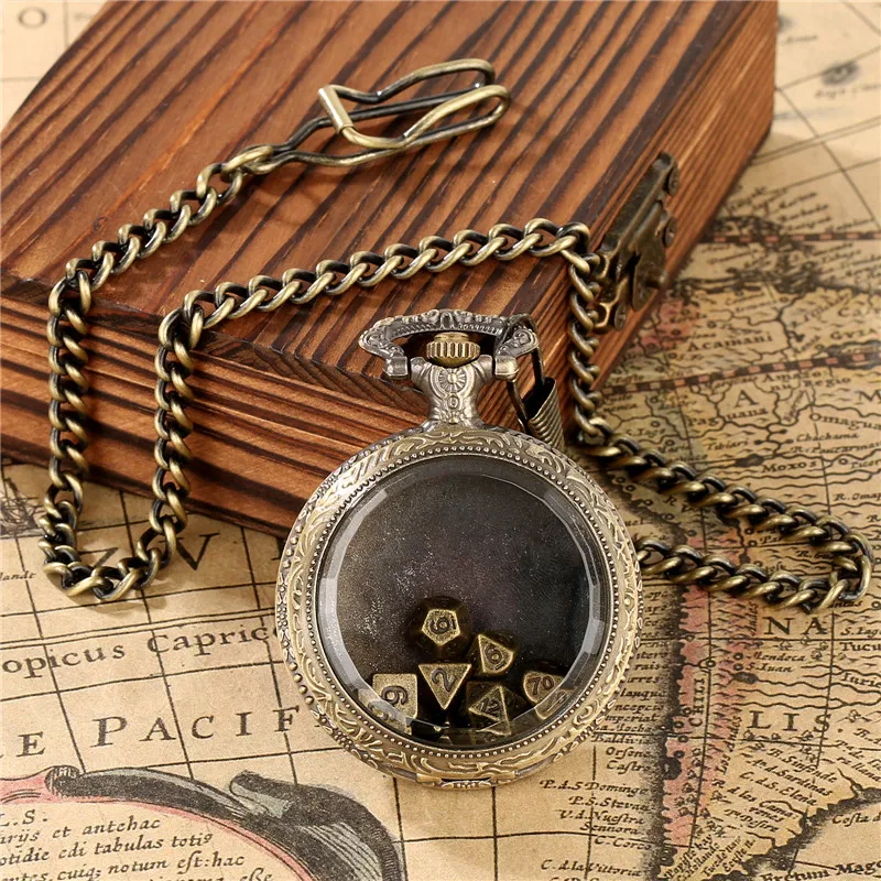 Antique Transparent Pocket Watch Case with 7Pcs/set Metal Polyhedral Dices Role Play Gaming Dice Pendant Chain Gaming Dices