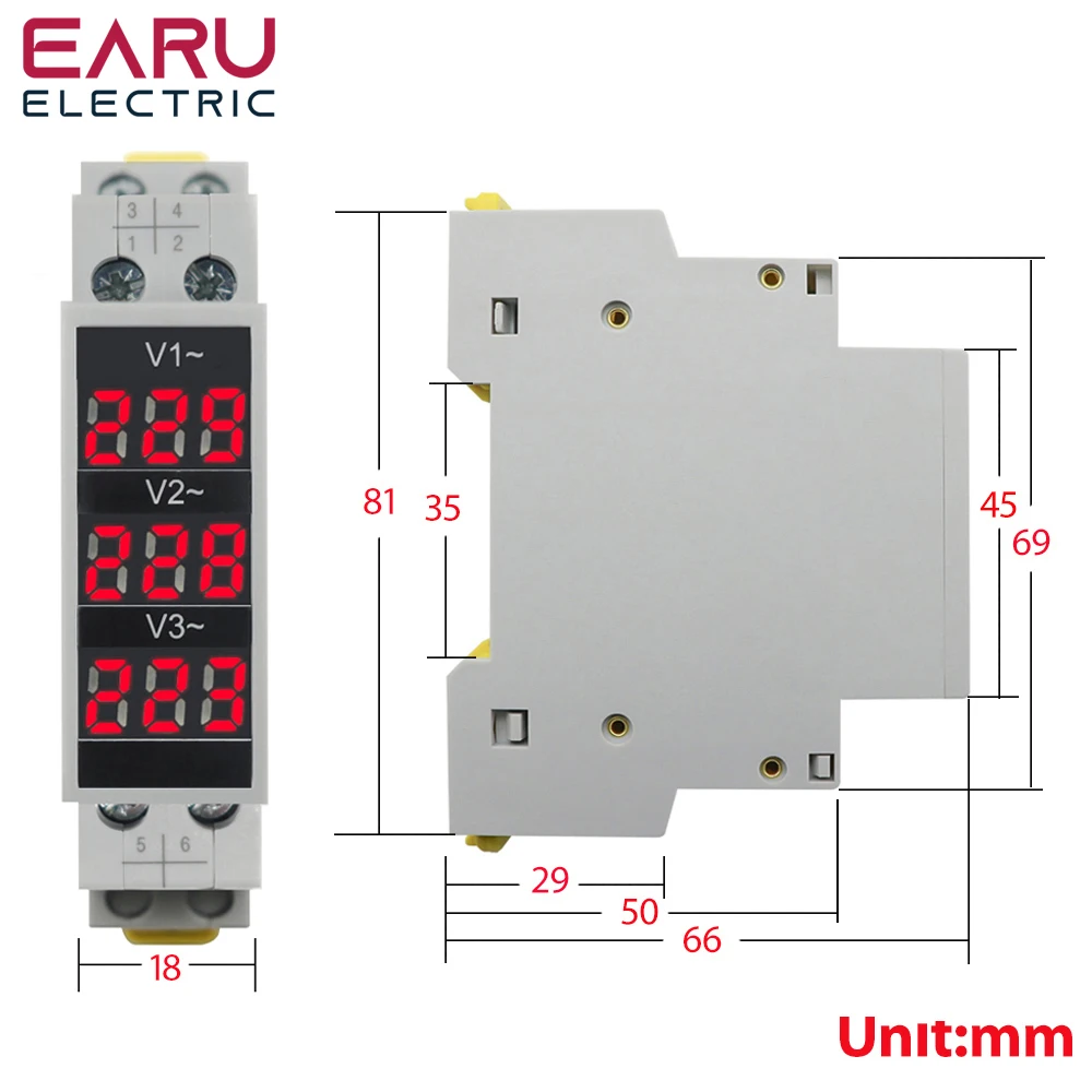 Imagem -02 - Din Rail Mount Medidor de Tensão Trifásico Mini Voltímetro Modular Indicador de Calibre Led Detector Display Digital ac 80500v